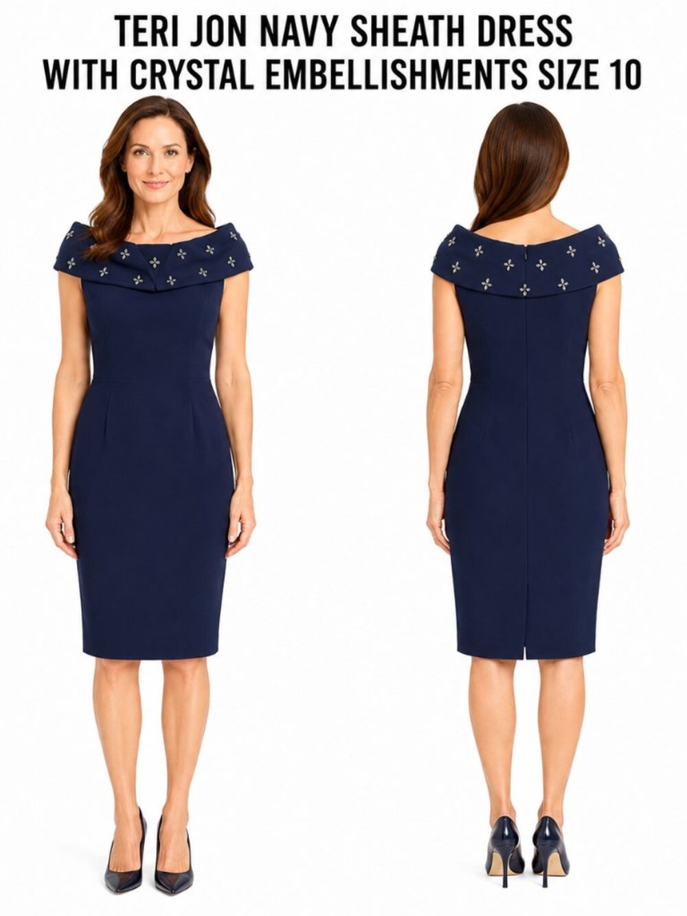 Teri Jon Navy Sheath Dress With Crystal Embellishments Size 10
